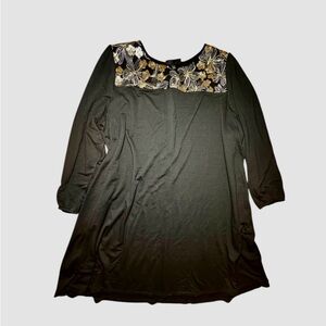 Lane Bryant Sheer Gold Sequin Floral Black Jersey Knit Knee Length Dress Sz26/28